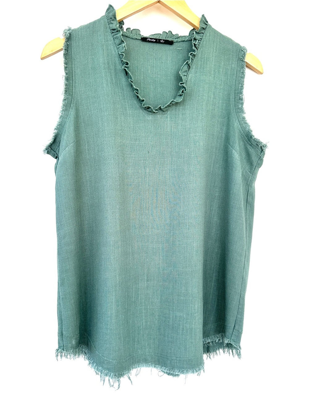 Sleeveless Frayed V-Neck Top in Seafoam Green, Relaxed Fit, Sleeveless, Linen